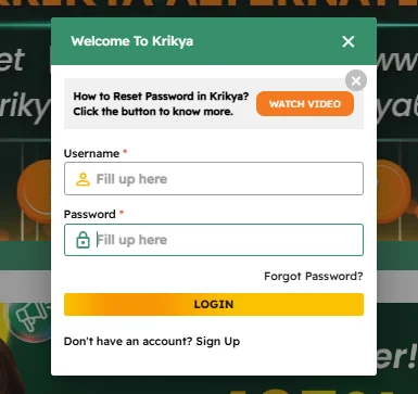 Krikya login page on mobile